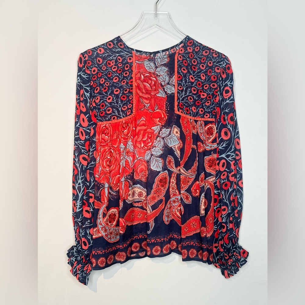 Anthro BLNK Miranda Peasant Red Blue Print Blouse Shirt Top - Picture 13 of 15